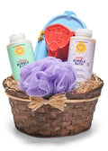 Bath time gift basket with bubble bath, loofah, and toys on a white background. Both bubble baths are crafted with plant-based, biodegradable cleansing ingredients that create rich, long-lasting bubbles without harsh sulfates or synthetic fragrances. The Calming Bubble Bath features a relaxing blend designed to help children unwind before bedtime, while the Party