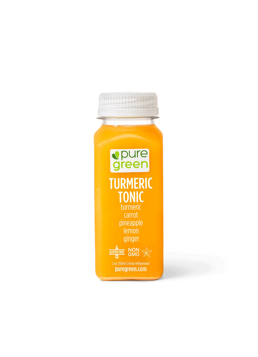 Pure Green Turmeric Tonic cold-pressed wellness shot with turmeric, carrot, pineapple, lemon, and ginger in a 2 oz bottle on a transparent background. Non-GMO, gluten-free, vegan functional juice shot crafted to support everyday wellness.