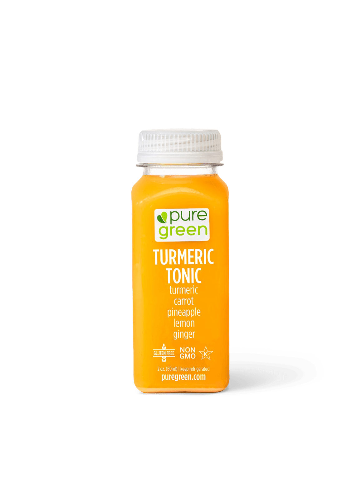 Pure Green Turmeric Tonic cold-pressed wellness shot with turmeric, carrot, pineapple, lemon, and ginger in a 2 oz bottle on a transparent background. Non-GMO, gluten-free, vegan functional juice shot crafted to support everyday wellness.