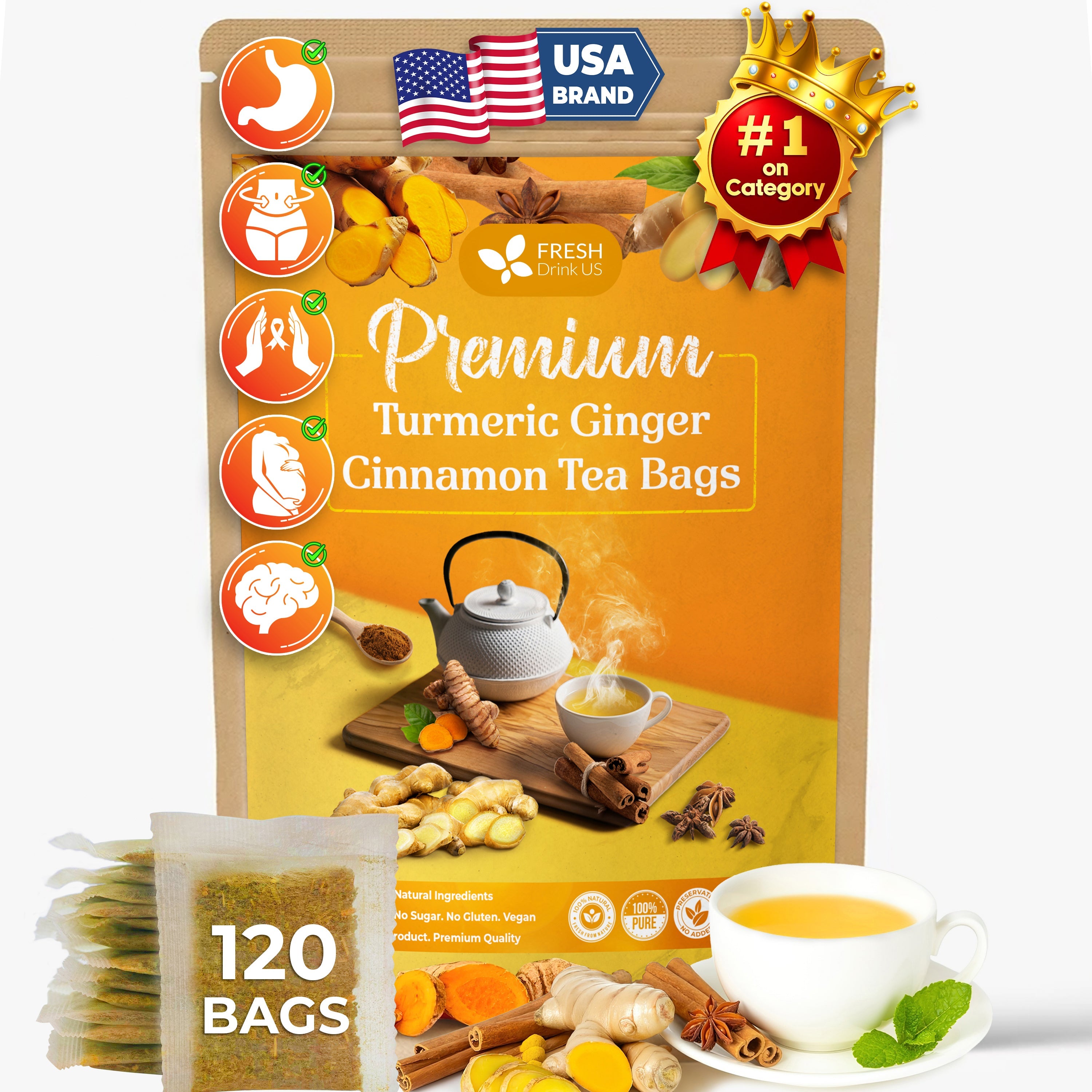 Packaging of Premium Turmeric Ginger Cinnamon Tea Bags with branding and product details.