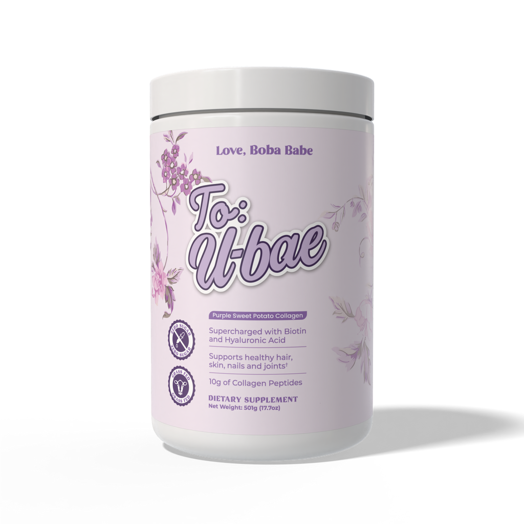 Supplement container labeled 'To U Bae' on a white background. To: U-Bae Collagen Powder Supplement. Supercharged with Biotin and Hyaluronic Acid. Supports healthy hair, skin, nails, and joints. 10g of Collagen Peptides. 
