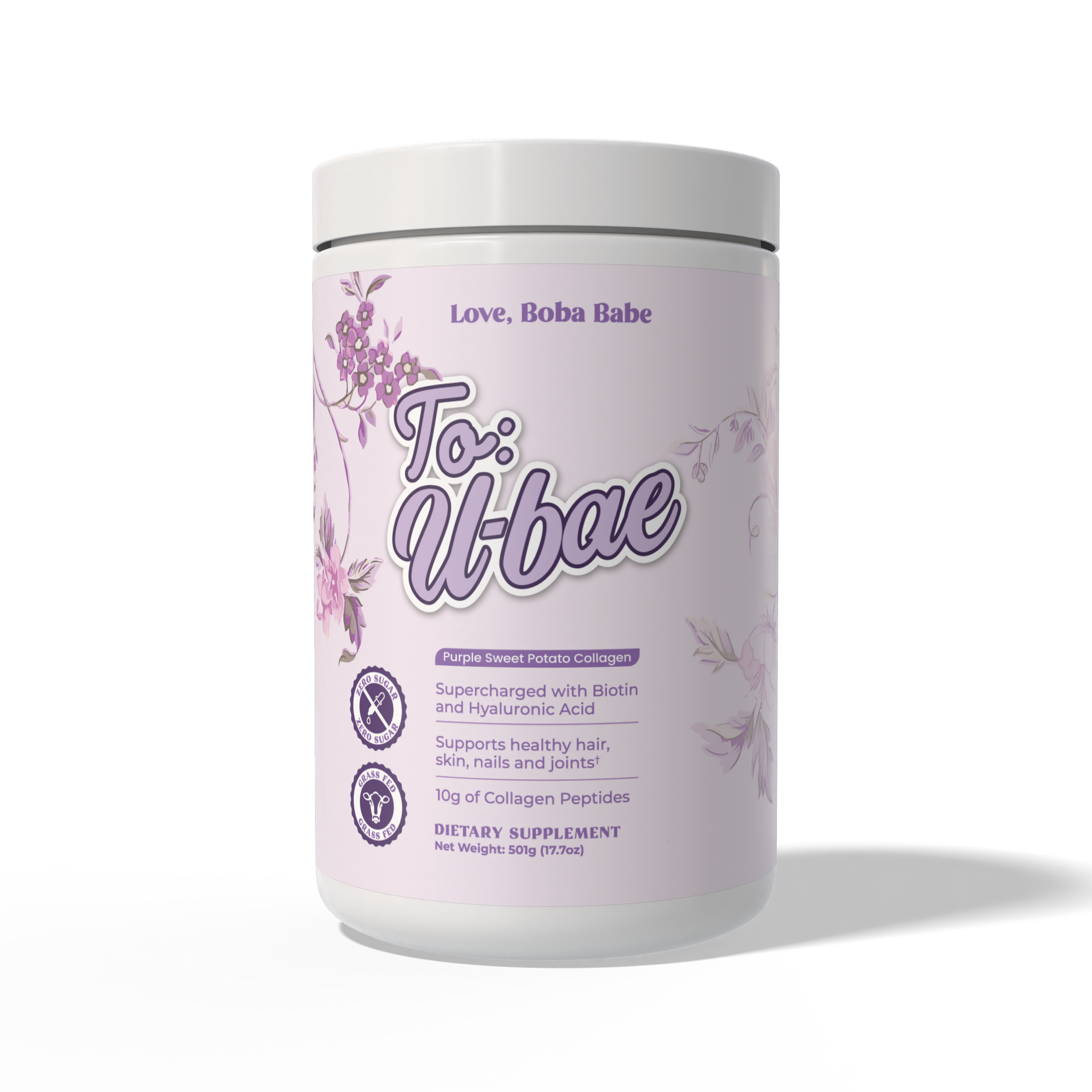 Supplement container labeled 'To U Bae' on a white background. To: U-Bae Collagen Powder Supplement. Supercharged with Biotin and Hyaluronic Acid. Supports healthy hair, skin, nails, and joints. 10g of Collagen Peptides. 