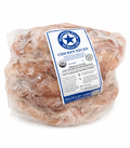 A vacuum-sealed package of USDA Certified Organic pasture-raised chicken necks from Hendricks Farm Hatchery, showing raw chicken necks in clear packaging with a blue-and-white organic label. Non-GMO, soy-free, and raised on non-medicated feed. Ideal for homemade stocks, broths, soups, and raw pet diets.