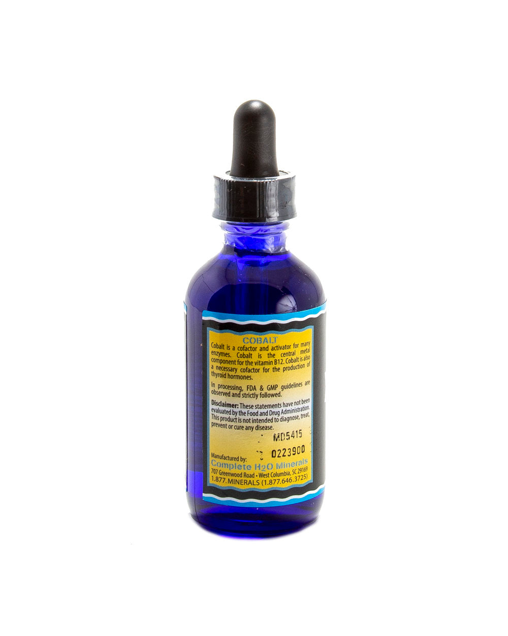 Blue glass dropper bottle with a label on a white background