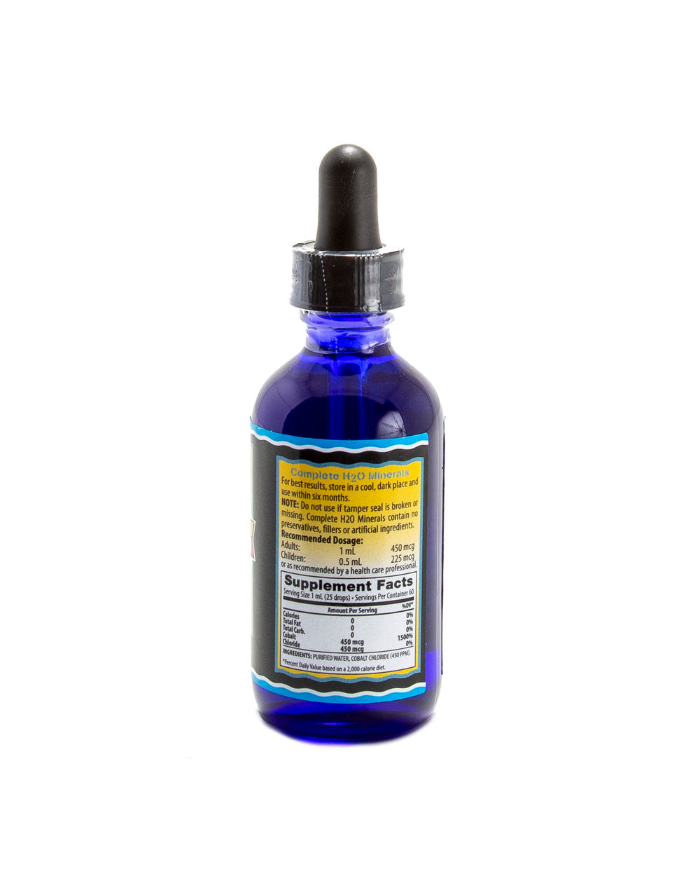 Blue glass bottle with dropper labeled 'Supplement Facts' on a white background
