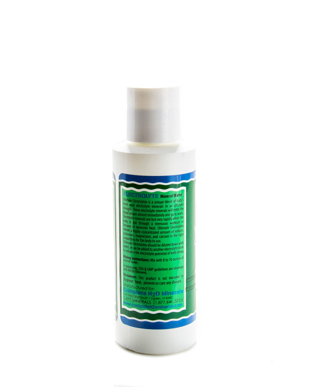 White bottle with a green label on a white background