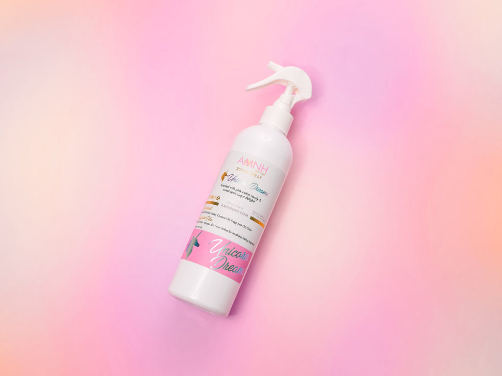 Unicorn Dreams Room Spray by AMINNAH on a soft pink background – natural ingredients, clean beauty, vegan, cruelty-free, paraben-free, gluten-free home fragrance in recyclable packaging from a female-owned brand.