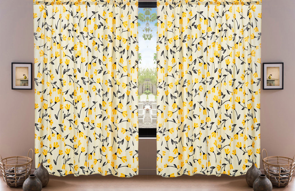 DaDa Bedding Set of 2 Botanical Floral Window Curtain Panels - Natural Semi Sheer Yellow Fleur Golden Orange Spring Time Tulips Straight Tailored Edge
