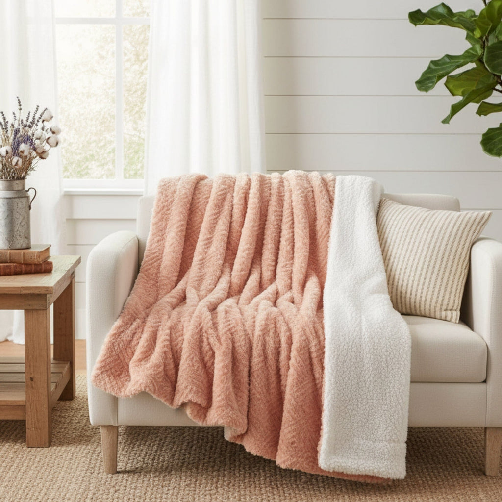 DaDa Bedding Coral Peach Rose Faux Fur Sherpa Throw Blanket