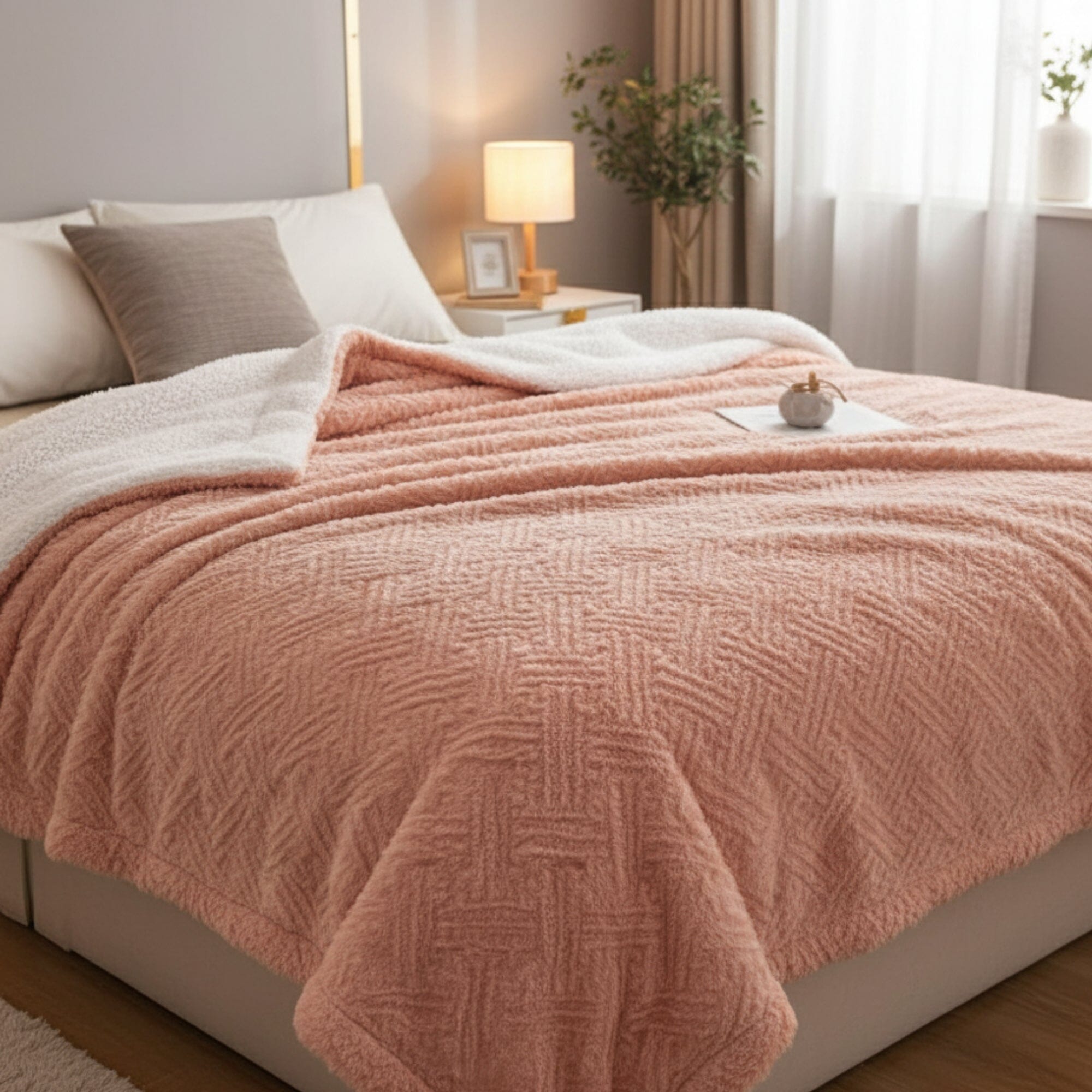 DaDa Bedding Coral Peach Rose Faux Fur Sherpa Throw Blanket