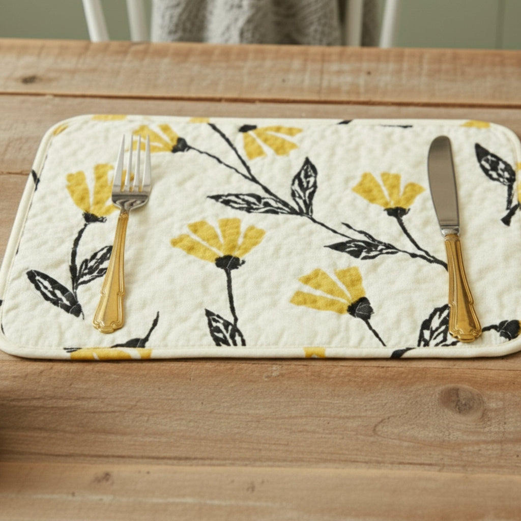 DaDa Bedding Botanical Floral Dining Table Placemats - Set of 4-Pieces Quilted Ivory with Yellow Fleur Golden Orange Spring Time Tulips - 13 x 19