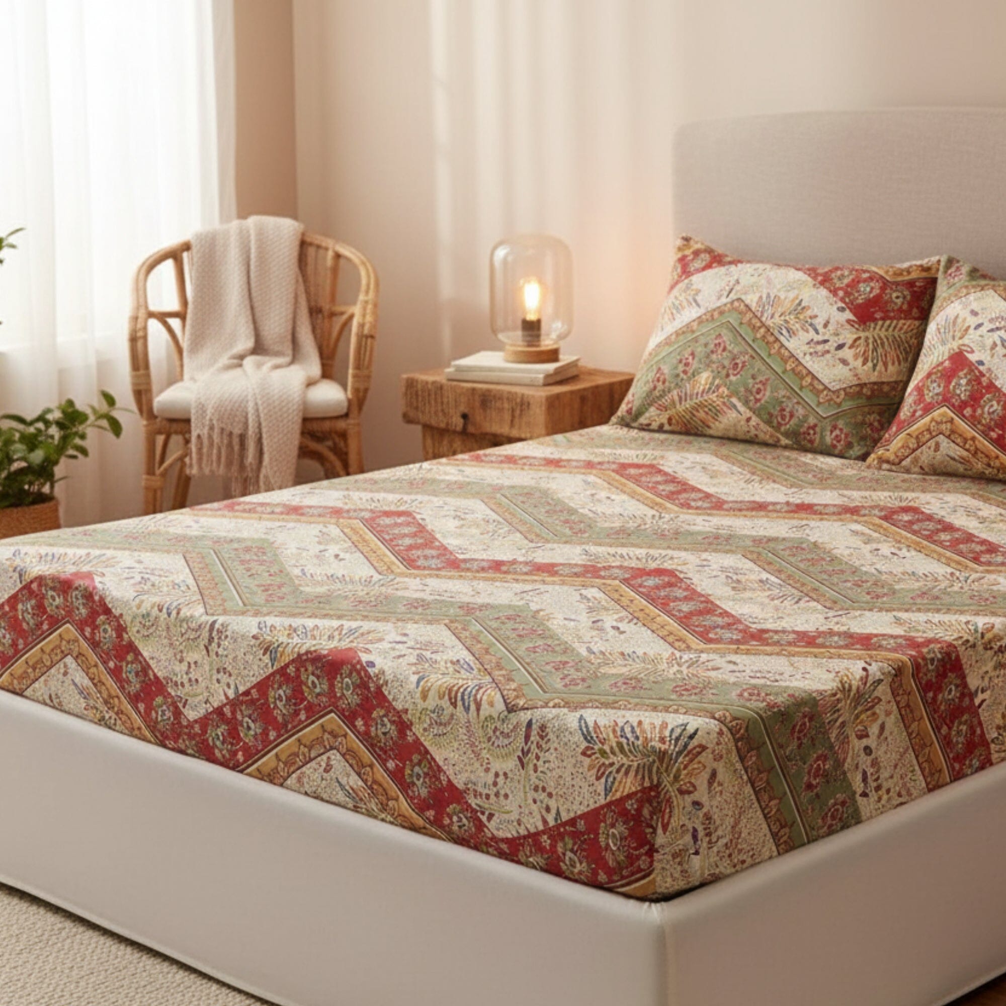 DaDa Bedding Cranberry Sage Floral Fitted Sheet Set
