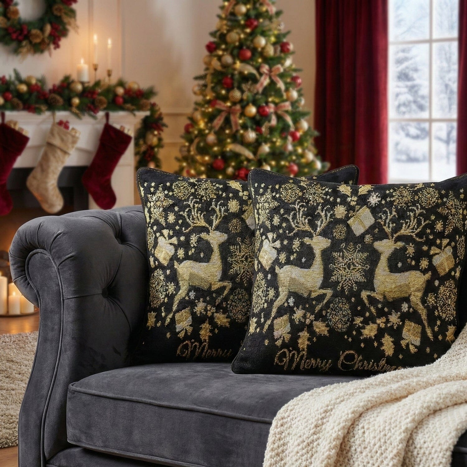 DaDa Bedding Magical Golden Reindeer Woven Tapestry Throw Pillow Covers 16" x 16"