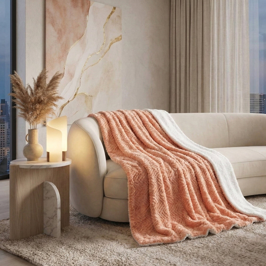 DaDa Bedding Coral Peach Rose Faux Fur Sherpa Throw Blanket