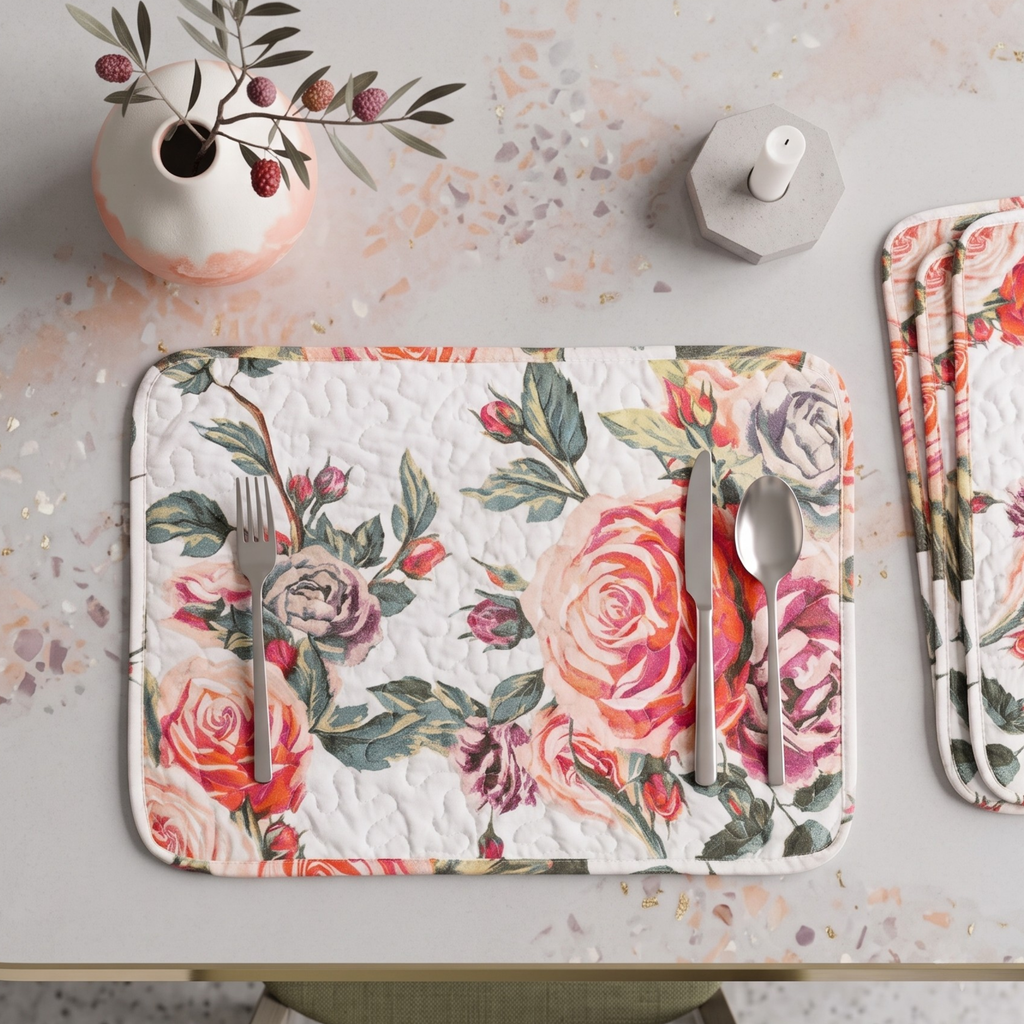 DaDa Bedding Set of 4-Pieces Romantic Roses Pink Floral Quilted Dining Placemats 13” x 19” (879)