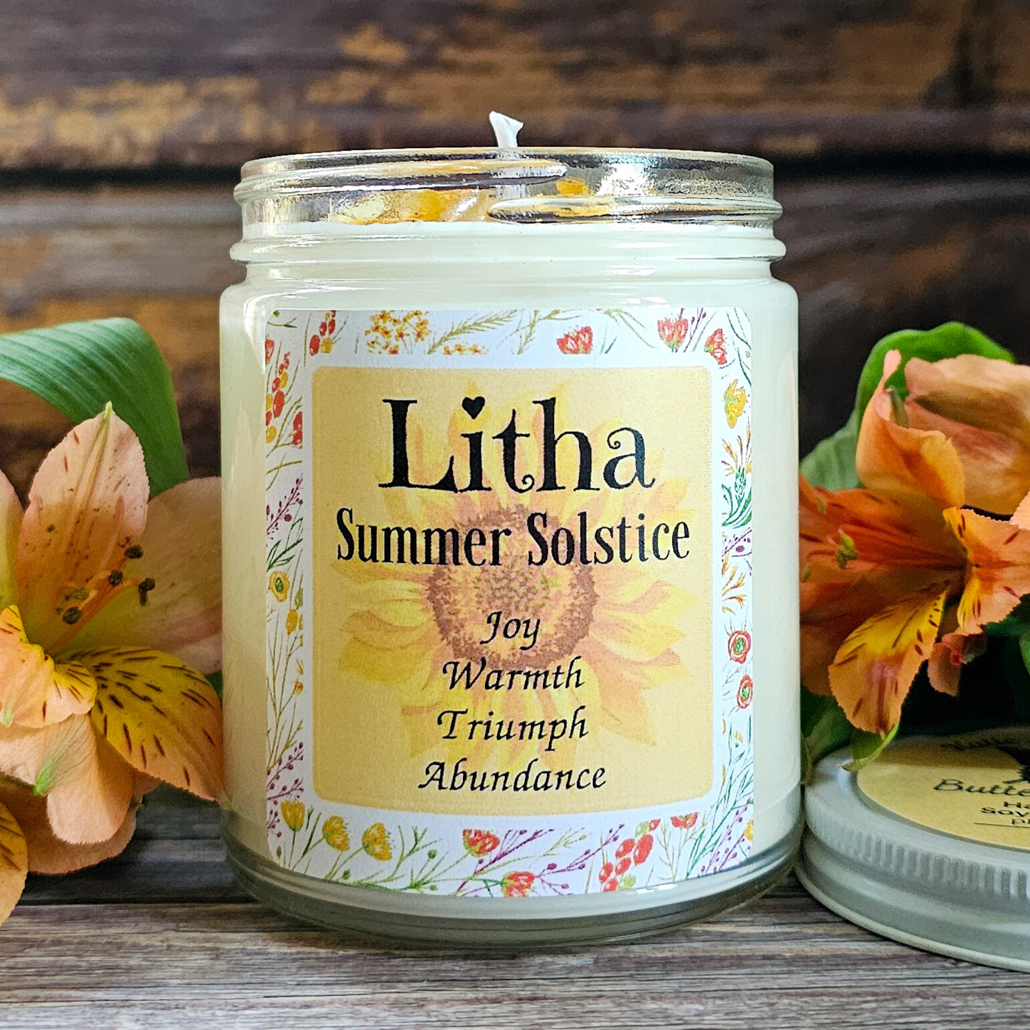 Litha Ritual Candle – Floral Summer Solstice Soy Candle for Sun Energy, Joy & Seasonal Celebration
