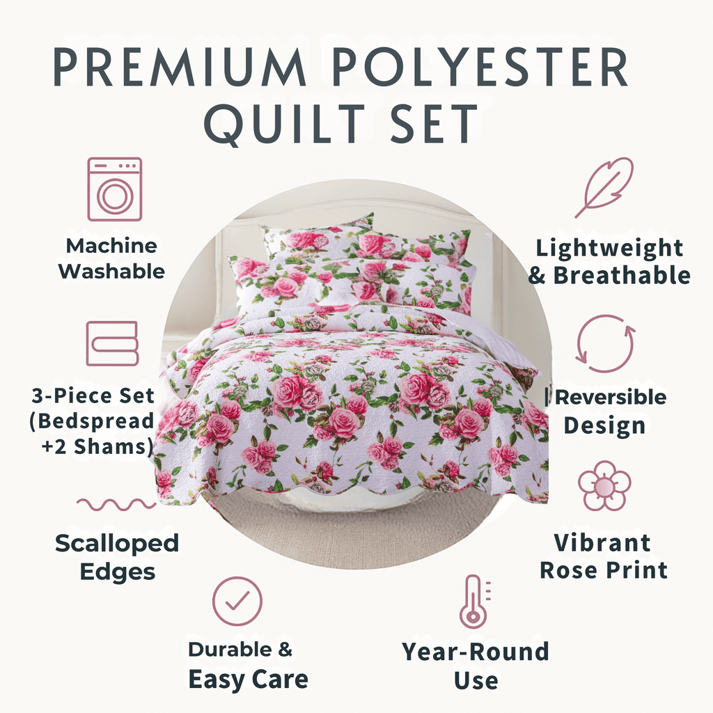 DaDa Bedding Pink Romantic Roses Floral Quilt Set
