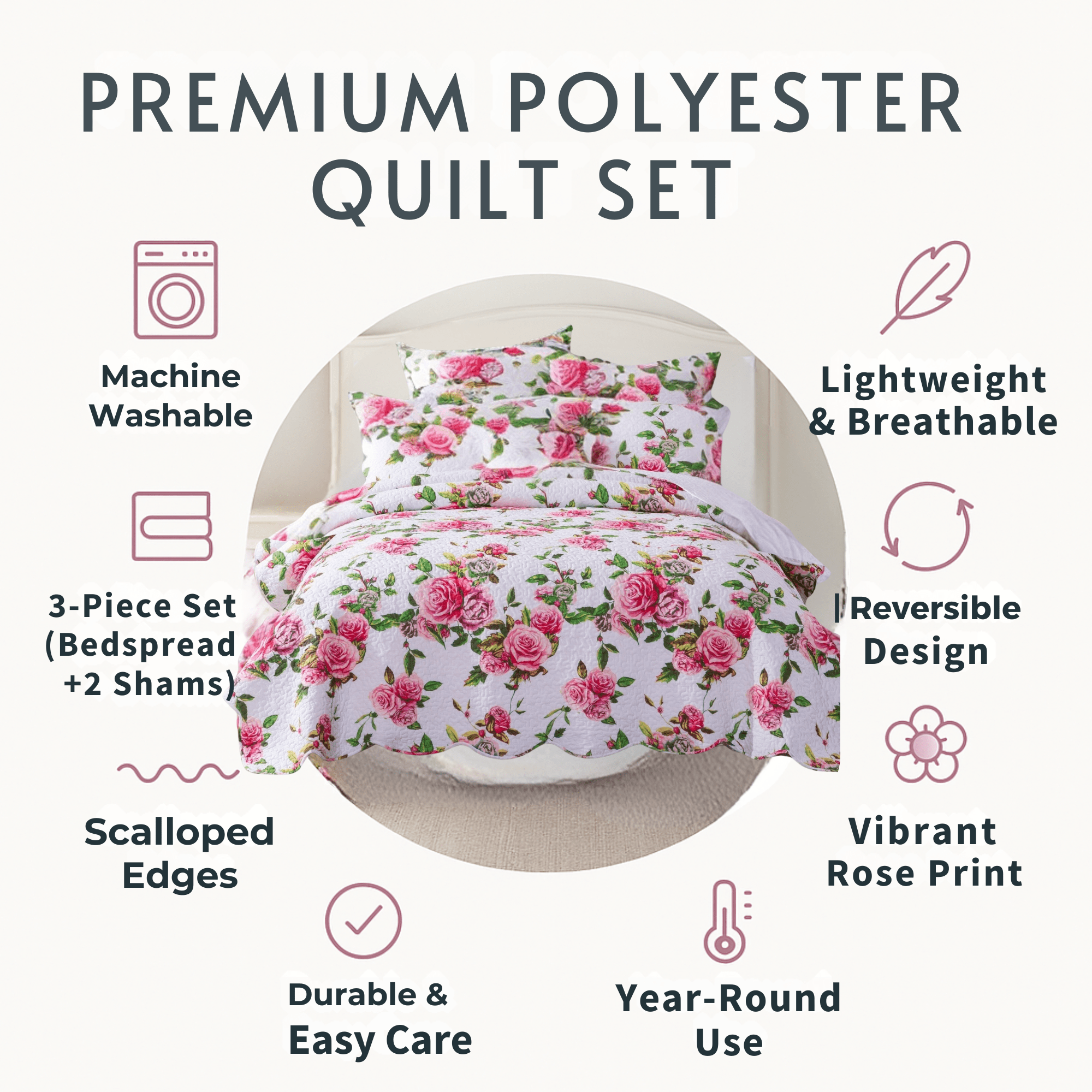 DaDa Bedding Pink Romantic Roses Floral Quilt Set