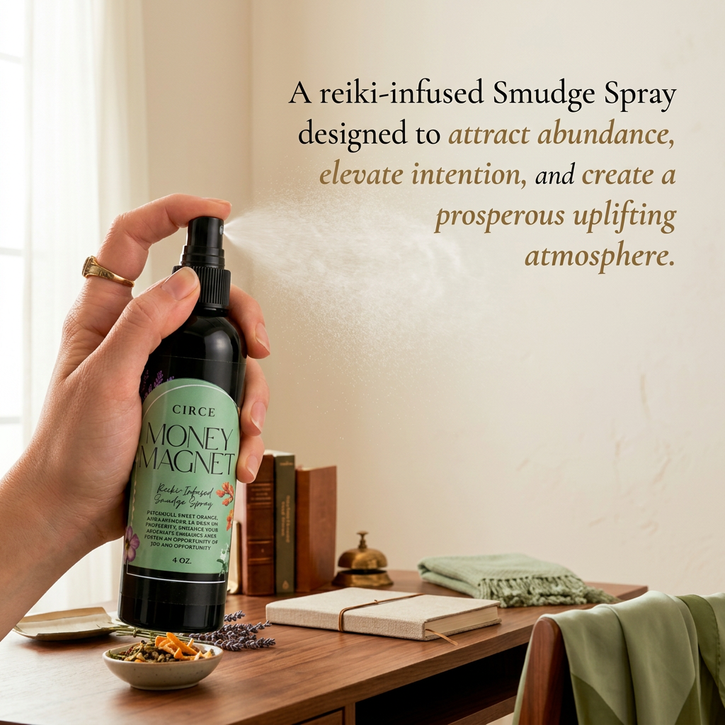 Circe Money Magnet Reiki-Infused Smudge Spray with Patchouli, Sweet Orange & Myrrh – 4 oz Prosperity Ritual Mist for Abundance, Intention & Positive Energy