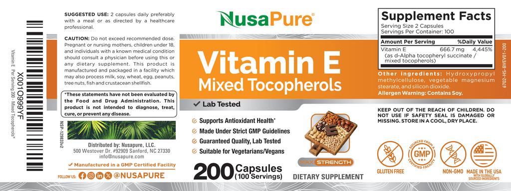 NusaPure Vitamin E Mixed Tocopherols - Suitable for Vegetarian/Vegan, Non - GMO - 1000 IU 200 Tablets