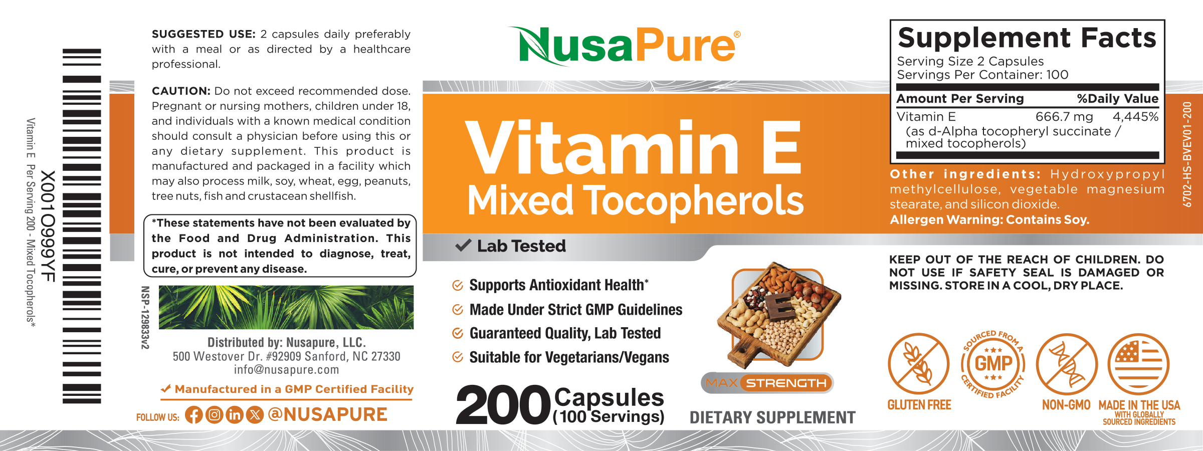 NusaPure Vitamin E Mixed Tocopherols - Suitable for Vegetarian/Vegan, Non - GMO - 1000 IU 200 Tablets