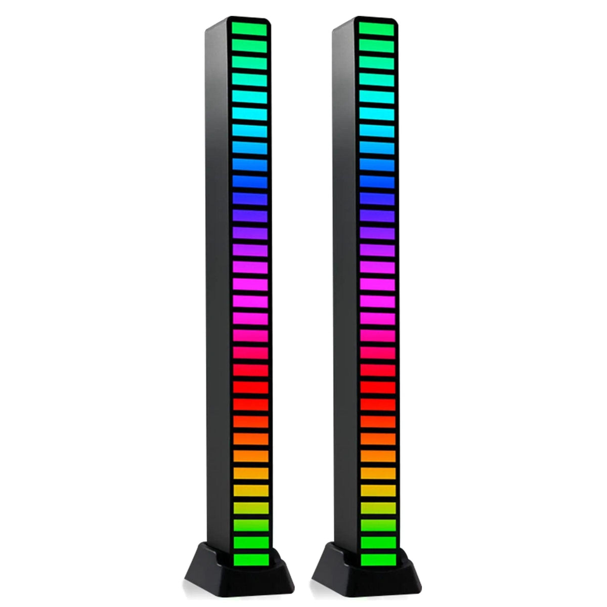 Two black vertical audio equalizer towers with illuminated rainbow-colored LED bars, shown on a plain white background.