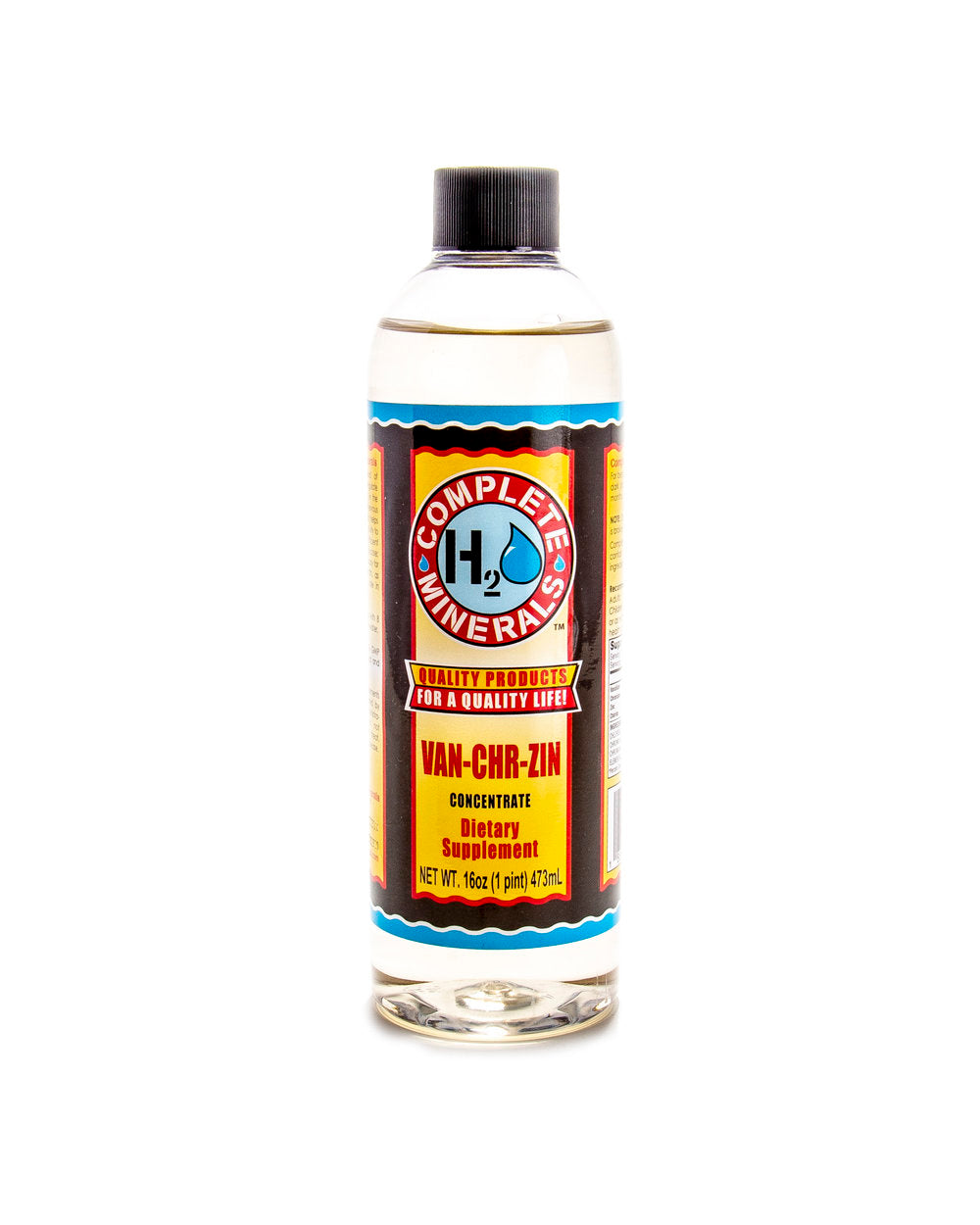 Bottle of dietary supplement with a colorful label on a white background. (1 pint) 473 mL
