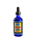 Blue dropper bottle with a label on a white background