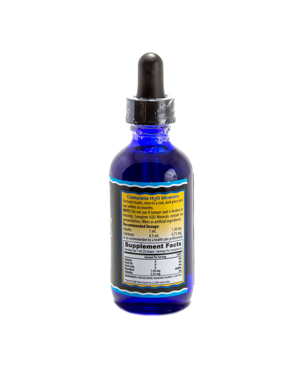 Blue glass bottle with dropper on a white background