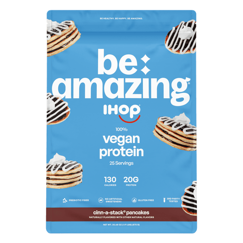 Vegan protein package with 'be amazing' branding and pancake illustrations on a blue background