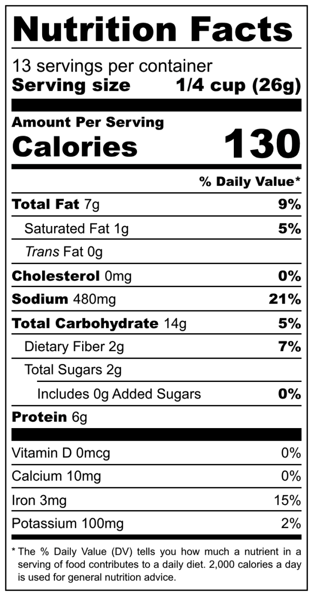 Vegan Cheez Mix Nutrition Facts label showing serving size, calories, total fat, sodium, carbohydrates, protein, vitamins, and minerals for an instant dairy-free cheese alternative. Veggie chip dip