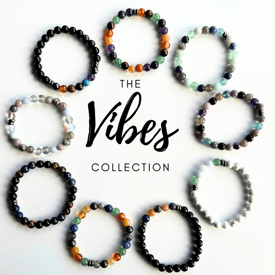 Collection of beaded bracelets from 'The Vibes' collection on a white background. Abundance & Motivation Vibes Bracelet