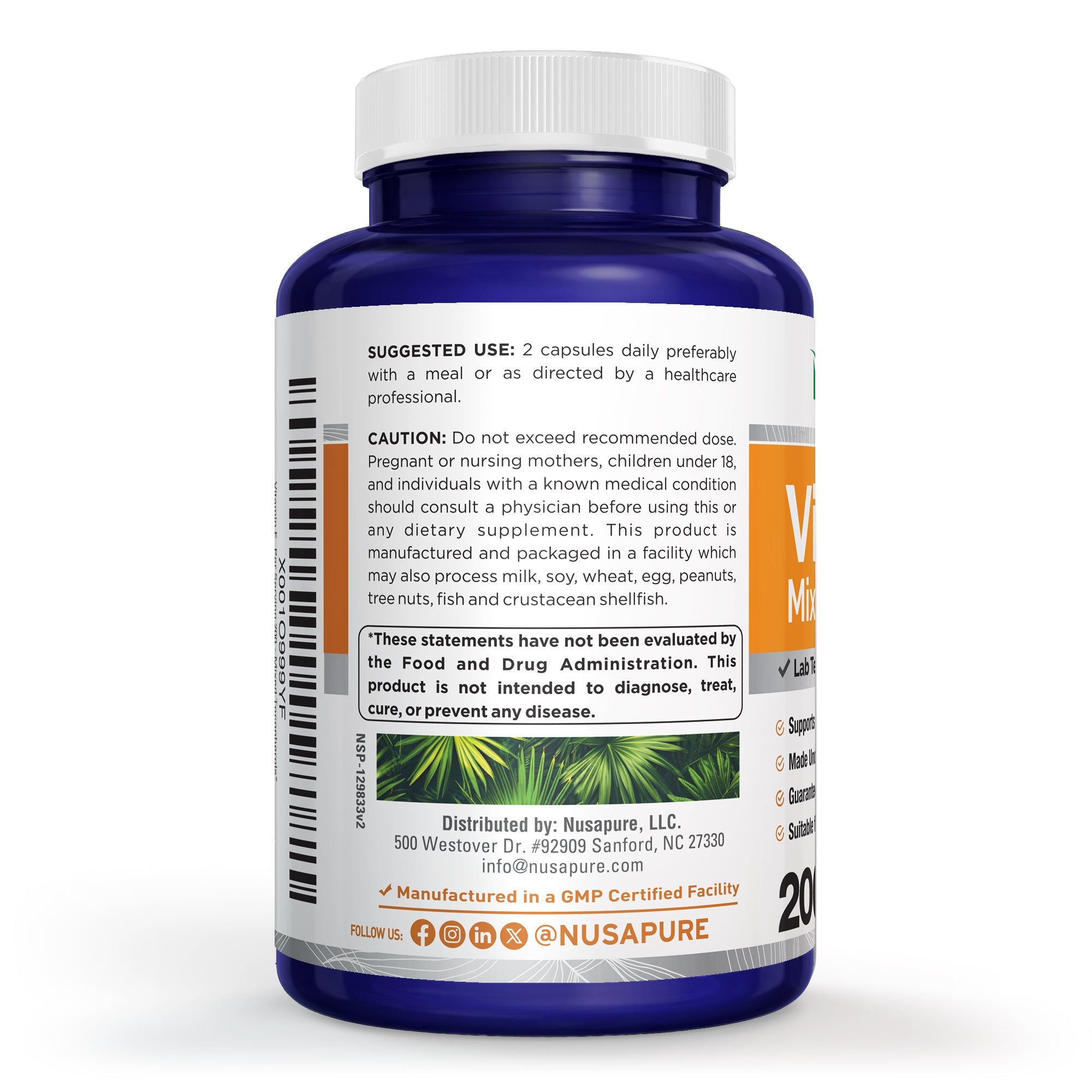 NusaPure Vitamin E Mixed Tocopherols - Suitable for Vegetarian/Vegan, Non - GMO - 1000 IU 200 Tablets