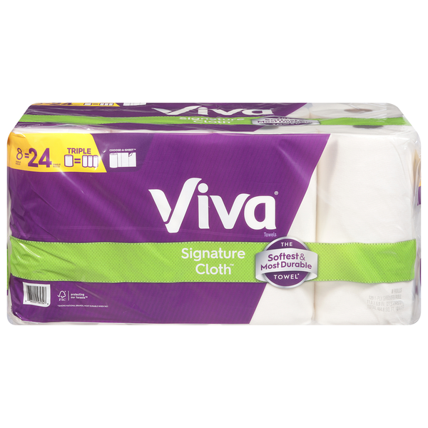 Viva Signature Cloth Choose-A-Sheet Triple Roll Paper Towels, 8 Triple Rolls (24 Regular Rolls), soft and durable white paper towels in purple and green packaging.