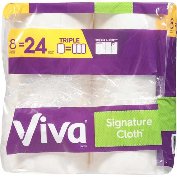 Viva Signature Cloth Choose-A-Sheet Triple Roll Paper Towels, 8 Triple Rolls (24 Regular Rolls), white paper towel pack with purple, green, and yellow packaging.