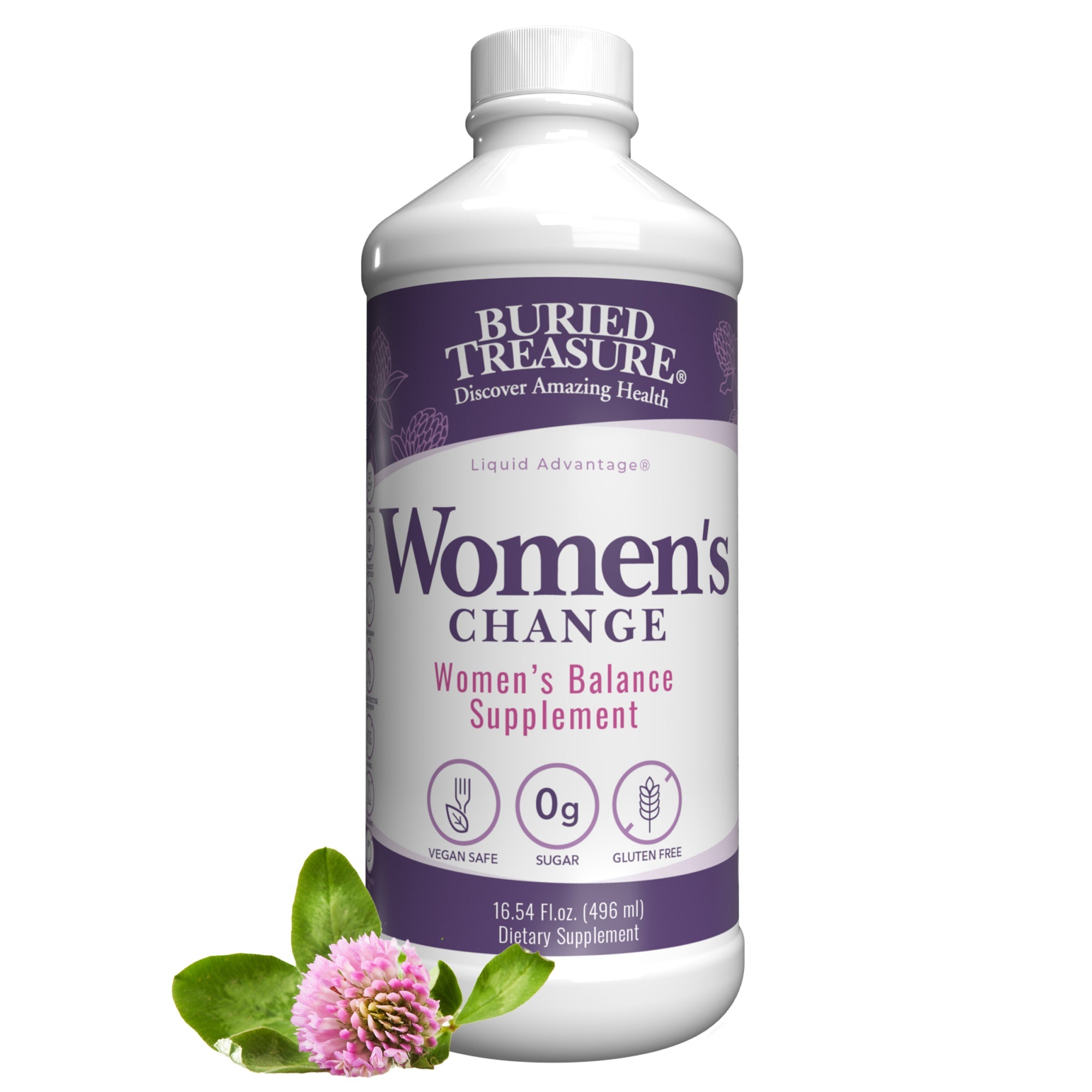 Buried Treasure Women's Change Herbal Blend Supplement bottle with clover flower on a white background.