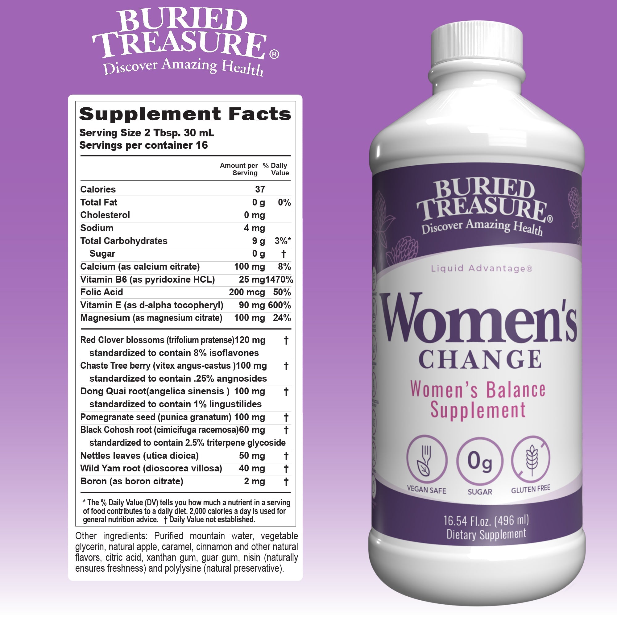 Buried Treasure Women's Change herbal liquid dietary supplement bottle with Supplement Facts panel on a purple background, featuring a vegan, sugar-free, gluten-free women's balance formula.