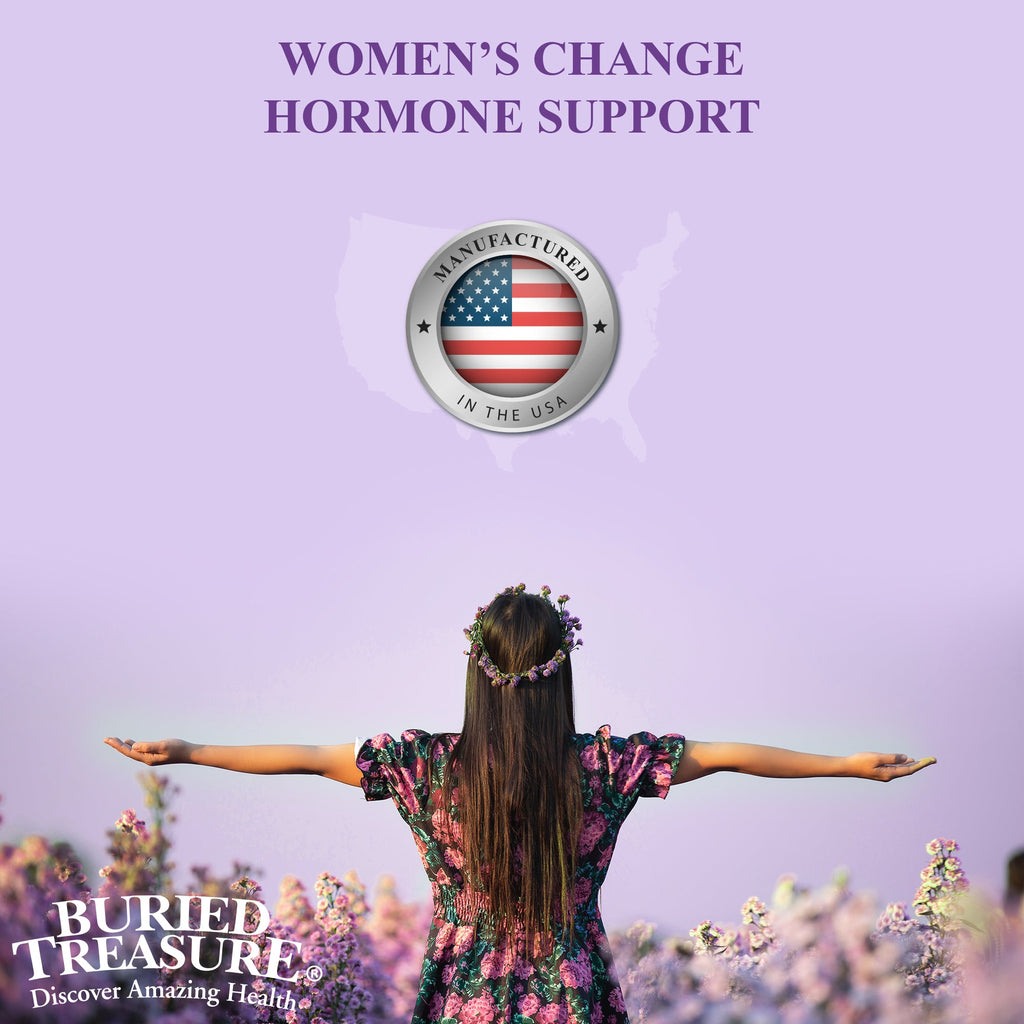 Women's Change Hormone Support promotional graphic featuring a woman with outstretched arms standing in a lavender field beneath the title "Women's Change Hormone Support," with a Made in the USA badge, Buried Treasure logo, and a soft purple background.