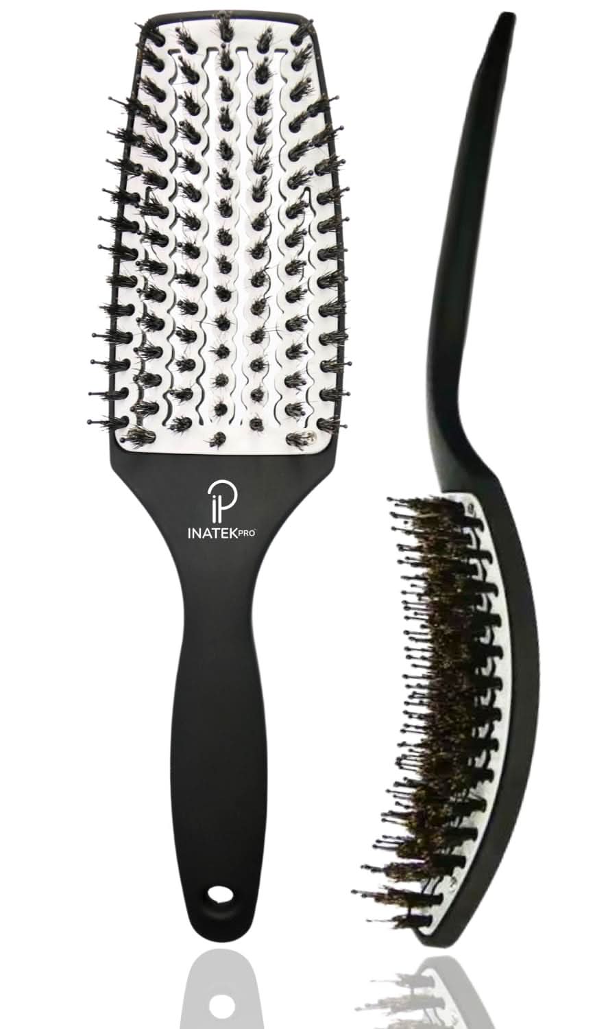INATEKPRO Curved Vented Boar Bristle Detangler Brush - WHITE | MEDIUM