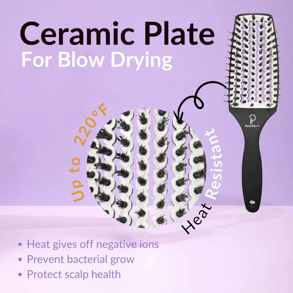 INATEKPRO Curved Vented Boar Bristle Detangler Brush - WHITE | MEDIUM