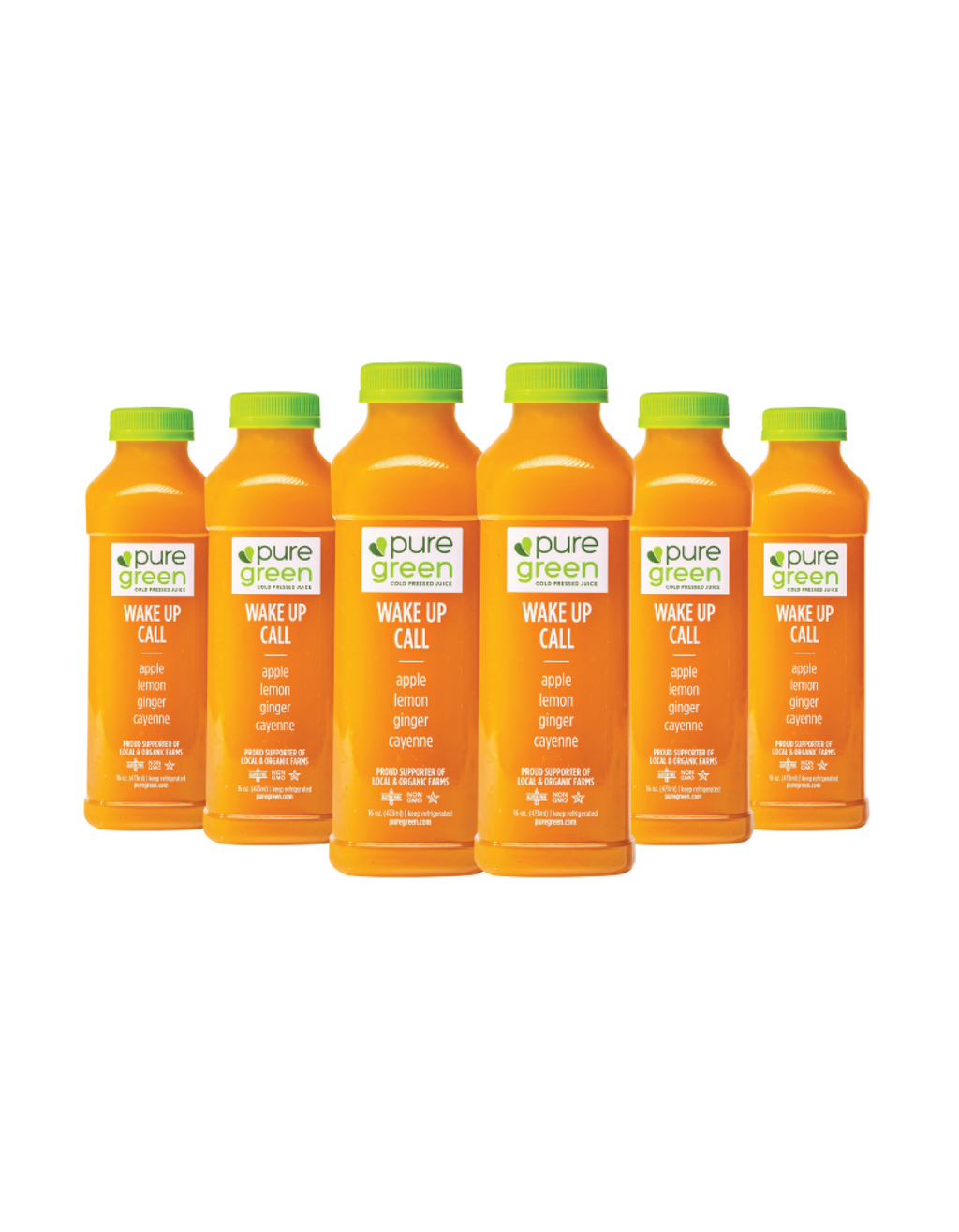 Set of six orange bottles with green caps labeled 'pure green' on a white background. PURE GREEN WAKE UP CALL Cold-Pressed NON-GMO Juice Drink with Apple, Lemon, Ginger and Cayenne, No Added Sugar, Gluten-Free