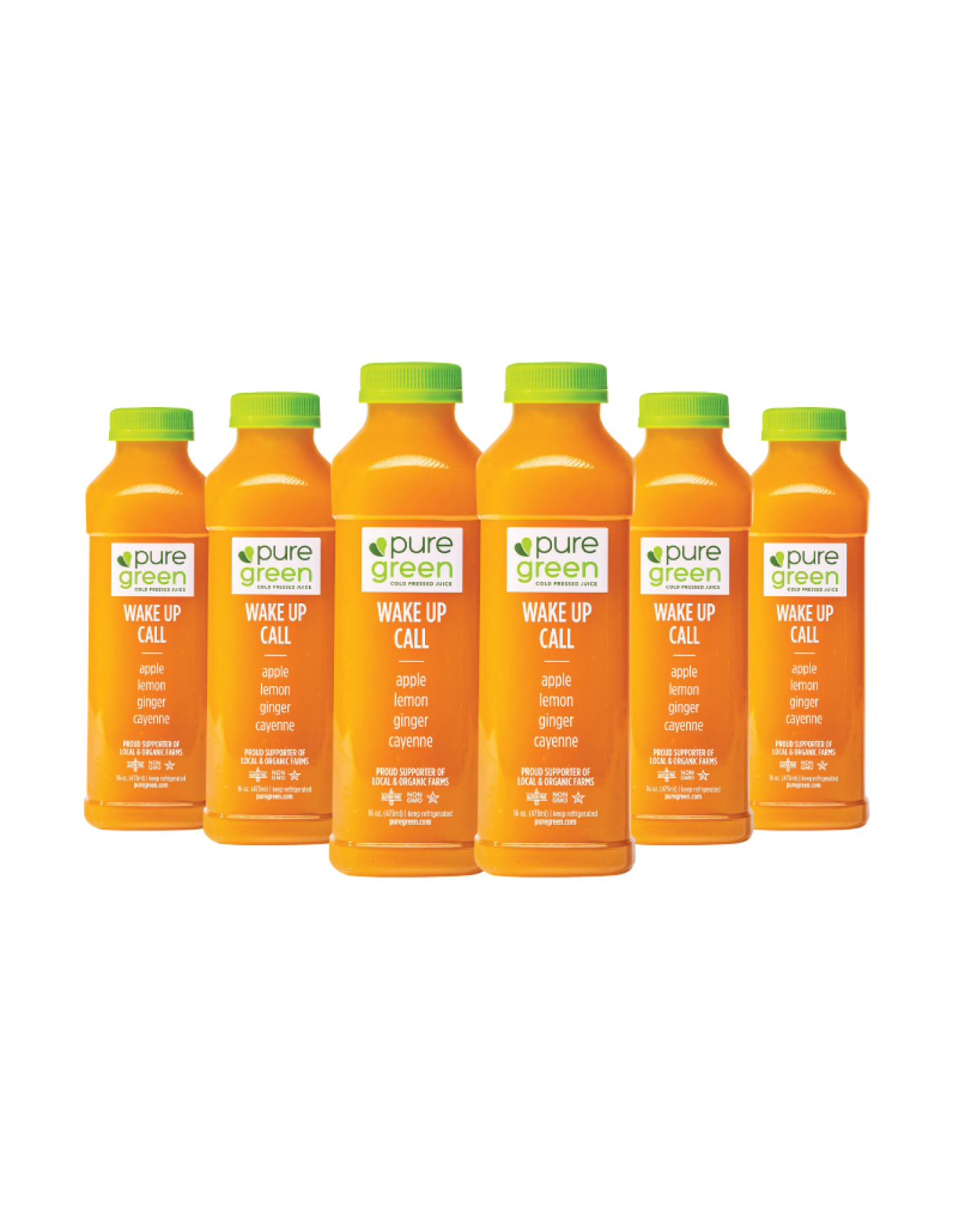 Set of six orange bottles with green caps labeled 'pure green' on a white background. PURE GREEN WAKE UP CALL Cold-Pressed NON-GMO Juice Drink with Apple, Lemon, Ginger and Cayenne, No Added Sugar, Gluten-Free