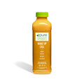 Orange juice bottle labeled 'pure green Wake Up Call' on a white background. Cold-Pressed NON-GMO Juice Drink with Apple, Lemon, Ginger and Cayenne, No Added Sugar, Gluten-Free