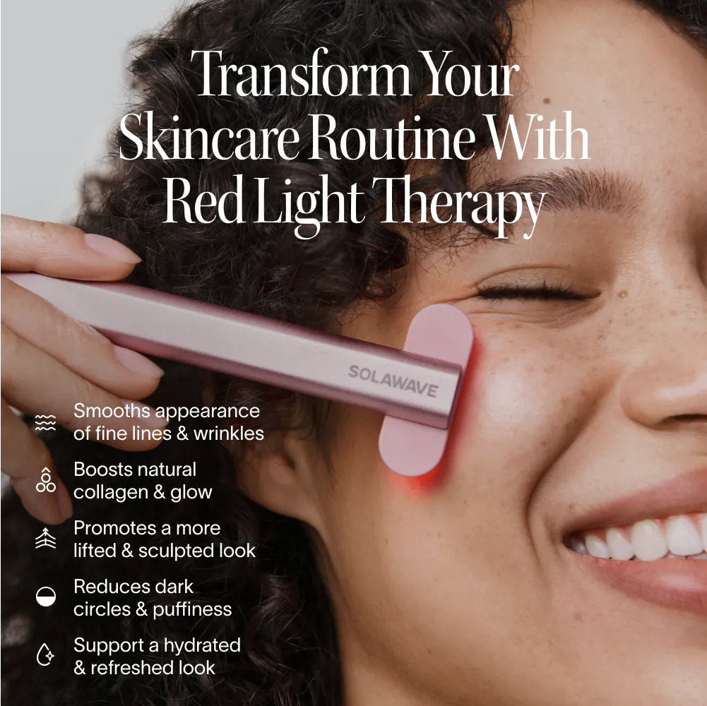 SolaWave 4-in-1 Red Light Therapy Wand used on face for anti-aging skincare, helping smooth fine lines and wrinkles, boost collagen and glow, reduce dark circles and puffiness, sculpt and lift skin, and support a hydrated, refreshed complexion.