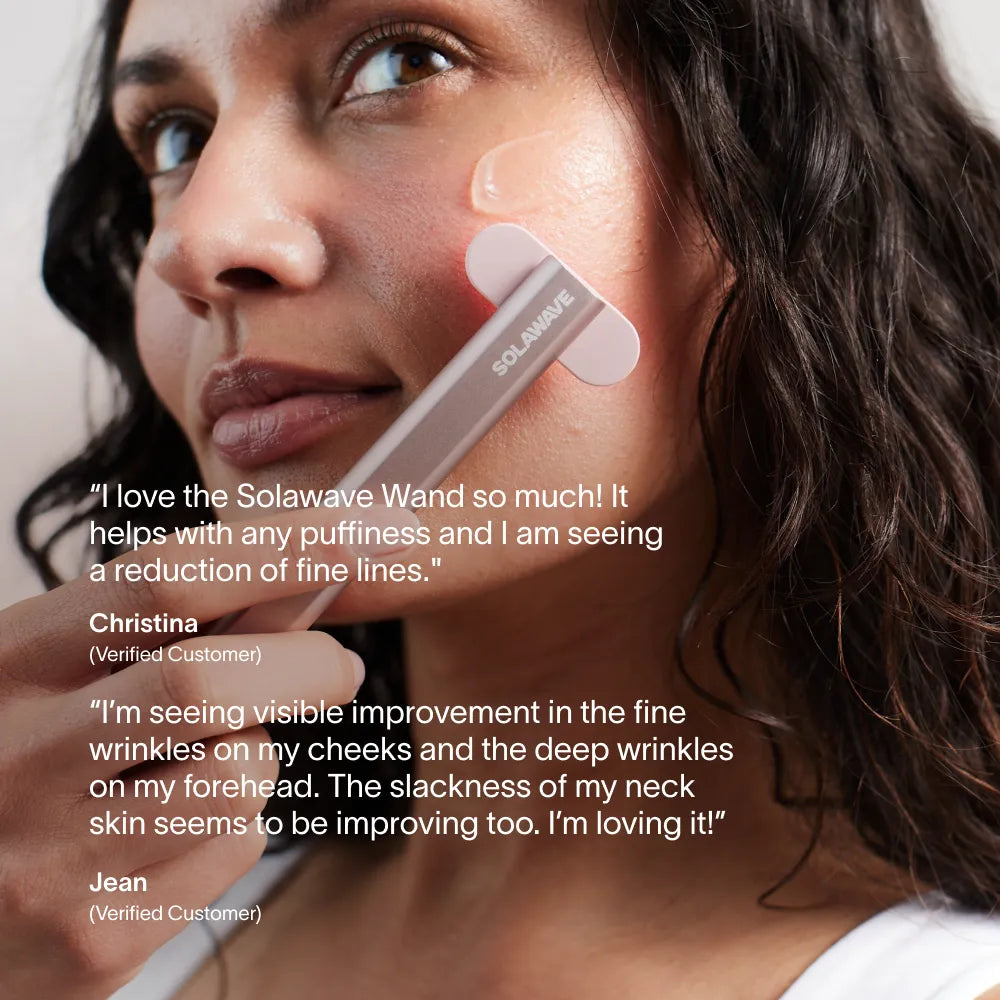 Solawave 4-in-1 Red Light Therapy Wand used on face with verified customer testimonials highlighting smoother-looking fine lines, reduced puffiness, firmer-looking skin and improved radiance.