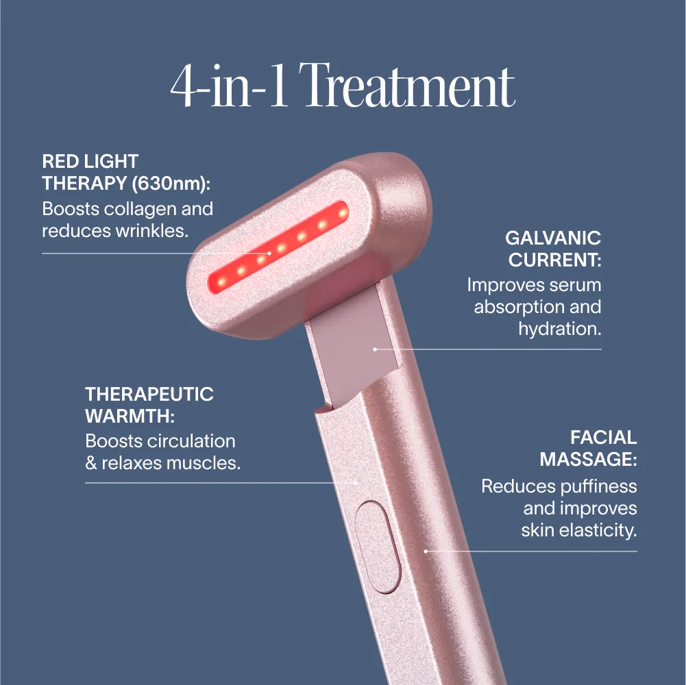 SolaWave 4-in-1 Red Light Therapy Wand in Rose Gold featuring red light therapy, galvanic current, therapeutic warmth and facial massage for radiant skincare
