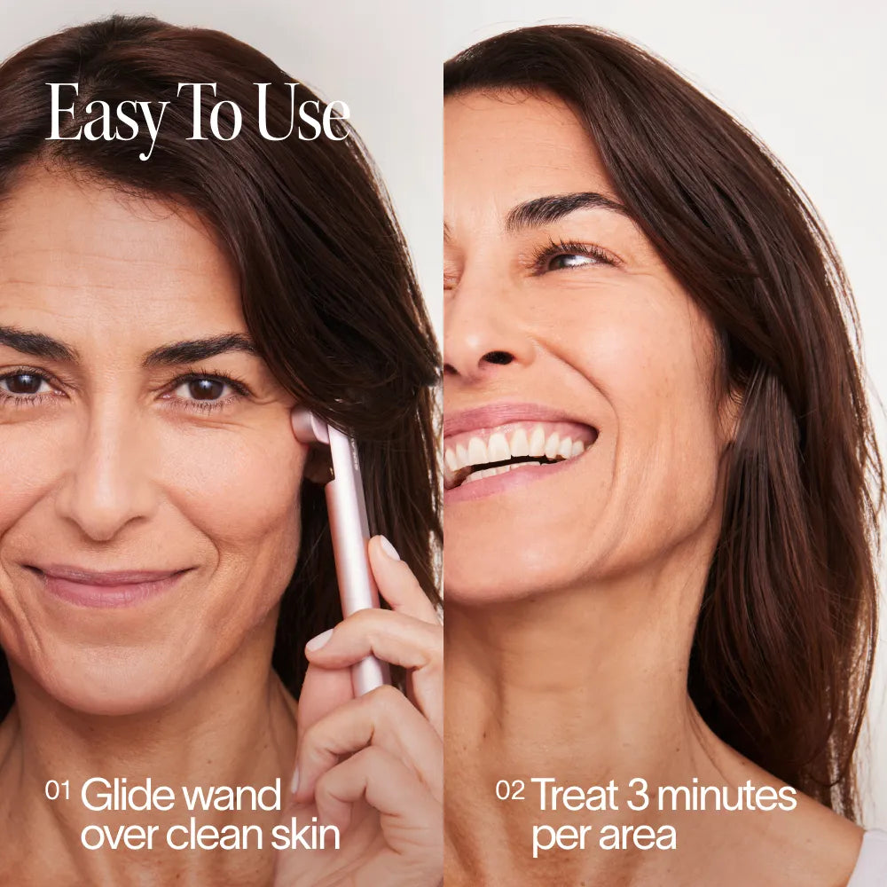 SolaWave 4-in-1 Red Light Therapy Wand in Rose Gold gliding over clean facial skin, demonstrating an easy-to-use 3-minute-per-area skincare treatment for radiant, smoother-looking skin.