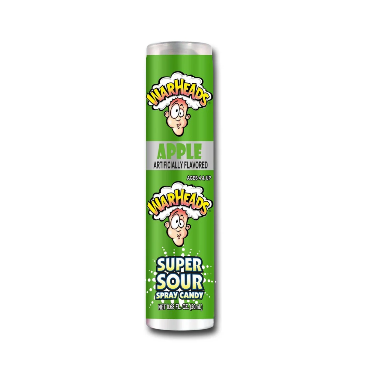 Green can of Warheads Super Sour Spray Candy on a white background