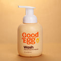 Natural enzyme egg cleanser in refillable foaming pump bottle for cleaning fresh chicken and duck eggs, made with 99% organic food-grade ingredients.