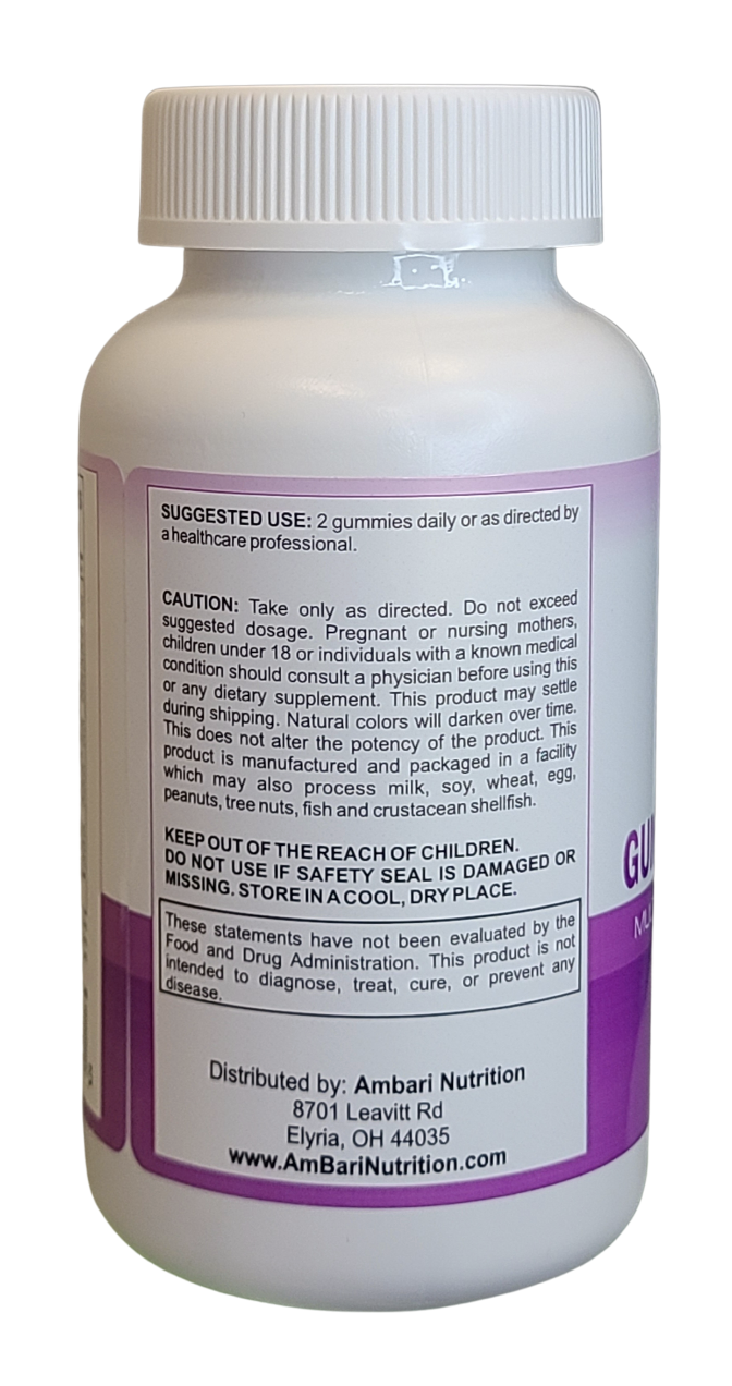 Back of AmBari Nutrition Gummy Multivitamin bottle showing suggested use, caution and safety warnings, storage instructions, FDA disclaimer, and distributor information. Weight Loss Specific Gummy MultiVitamin - Mineral Formula